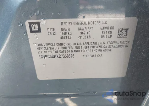 2012 Chevrolet Cruze Ls из США, поврежденный, VIN 1G1PC5SHXC7350326